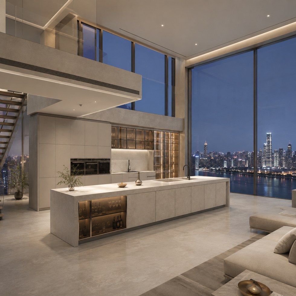 Luxury Stone-Look Kitchen Cabinets with Glass Display Storage and Island