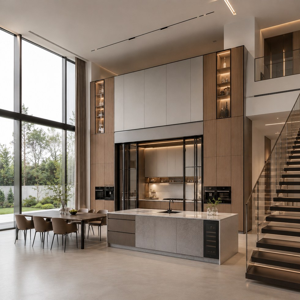 Luxury Double Height Wood Tone Kitchen Cabinets With Island