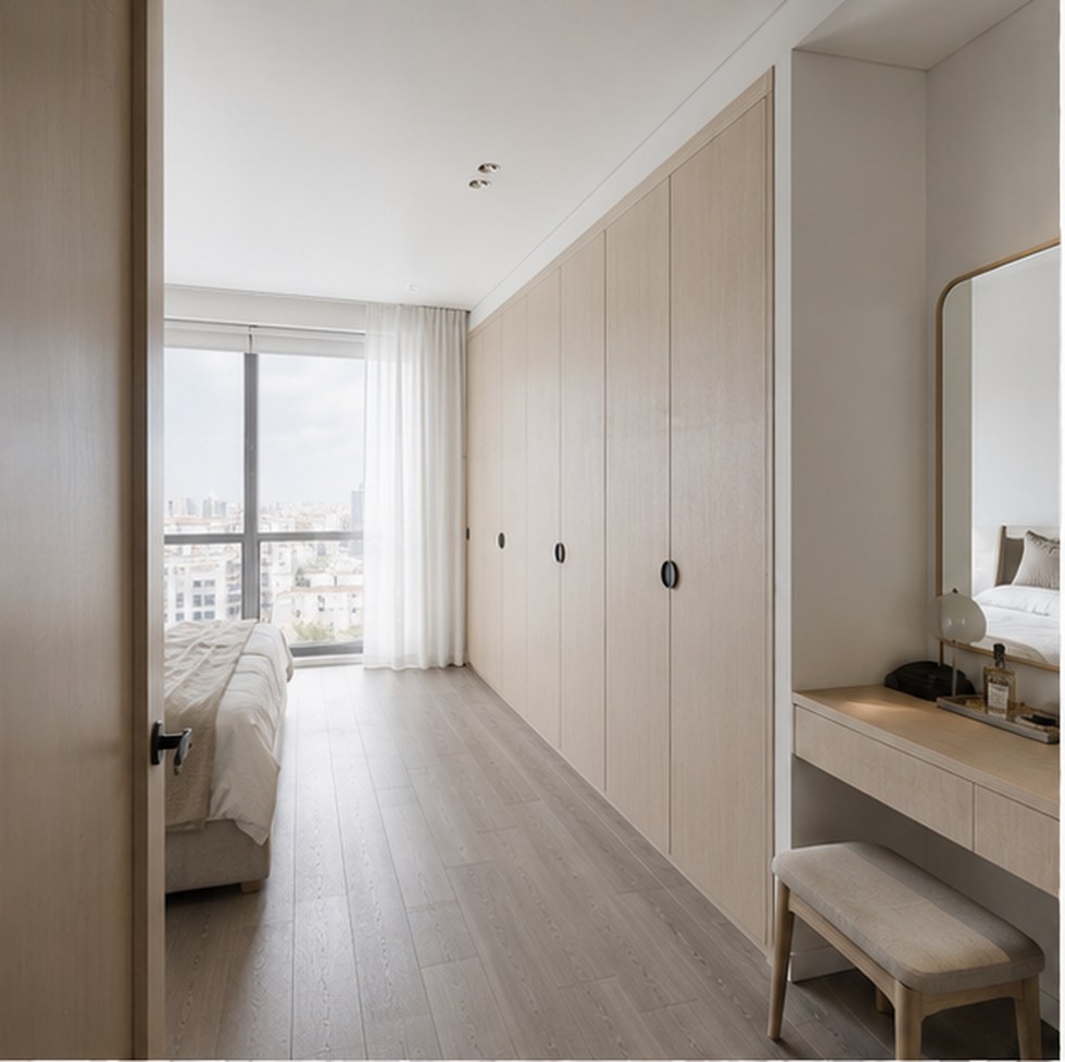 Light Wood-Look Bedroom Wardrobe with Vanity Nook