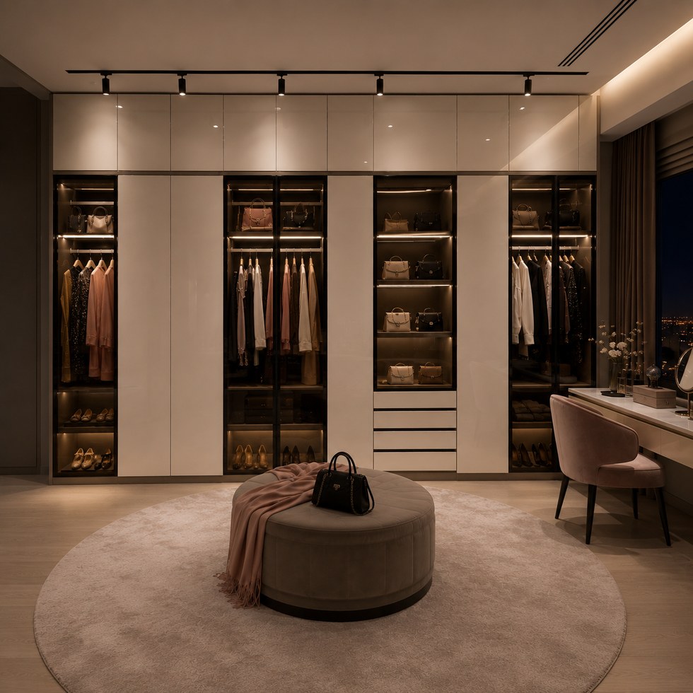 Luxury Light Neutral Walk-In Closet Wardrobe with Dark Framed Glass Display Sections