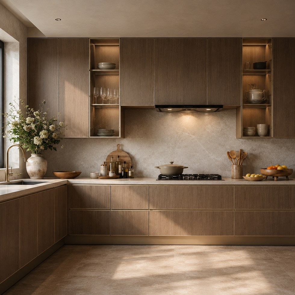 Warm Wood Grain Modern Kitchen Cabinets With Glass Display Sections