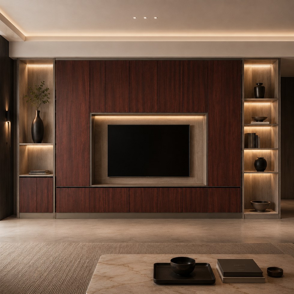 Modern Wood Grain Wall TV Cabinet With Open Display Shelves