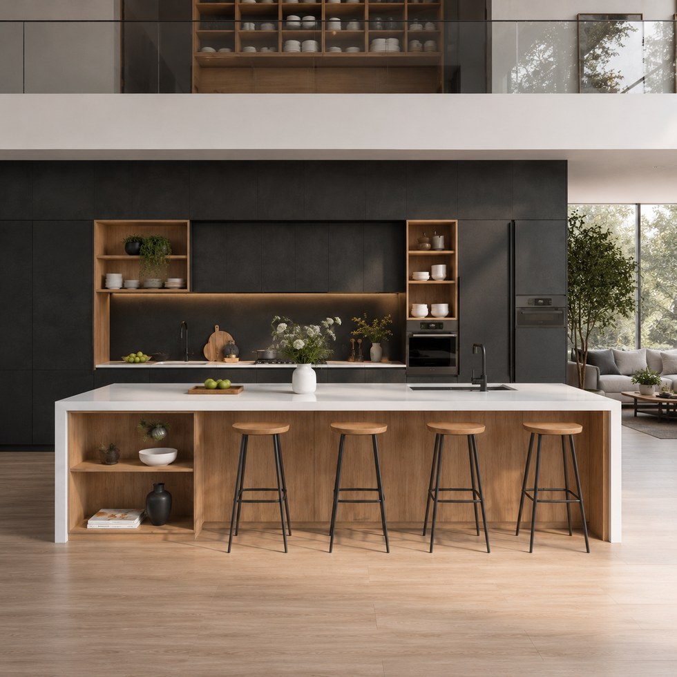 Modern Dark Charcoal Kitchen Cabinets with White Island and Wood-Tone Open Shelving