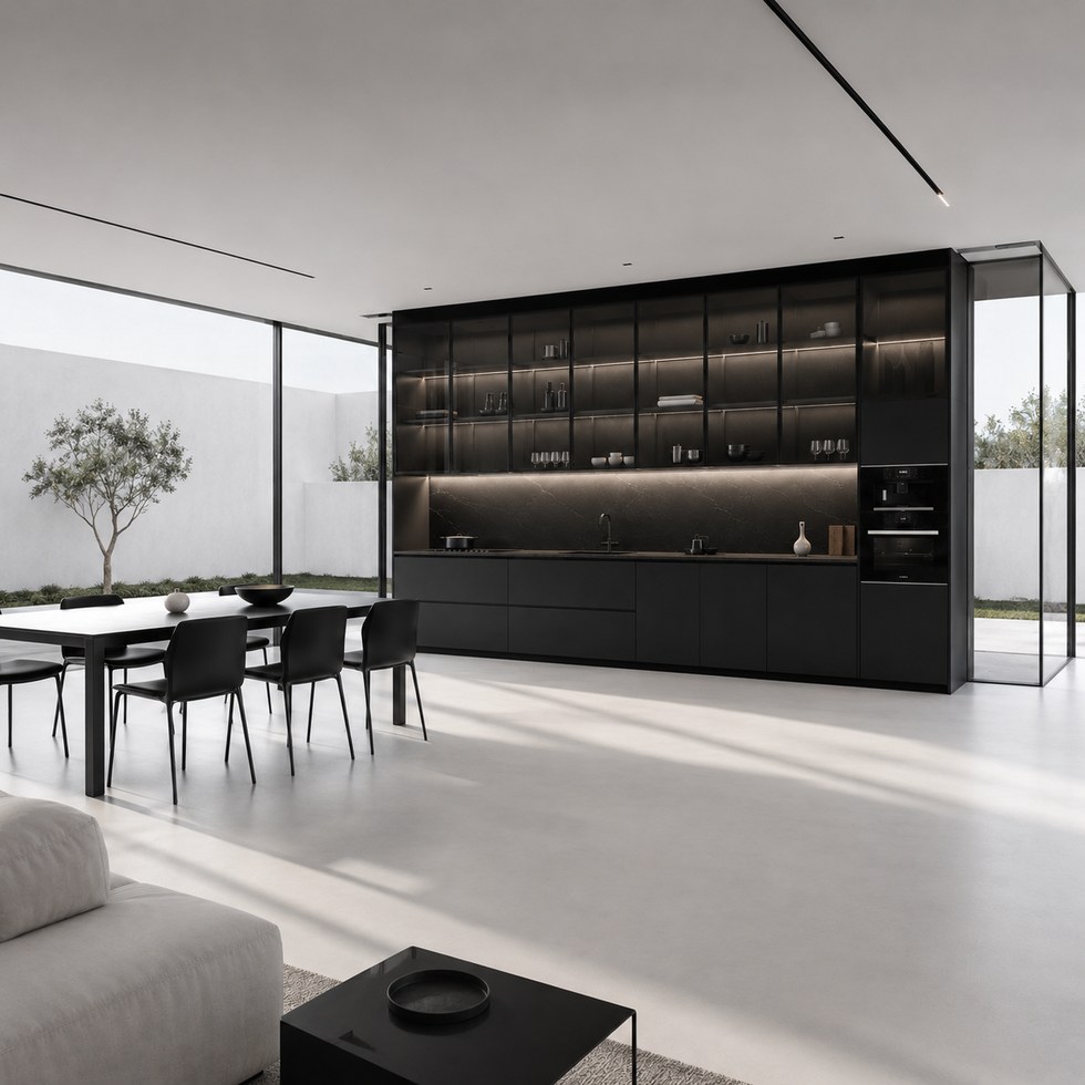 Dark Modern Kitchen Cabinets With Glass Display Wall Units