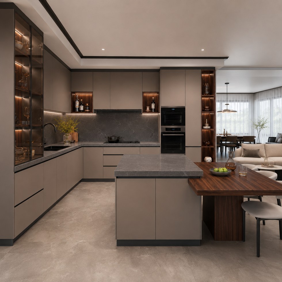 Taupe Kitchen Cabinets with Island Dining Extension