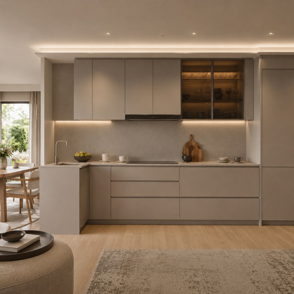 Modern Greige Handleless Kitchen Cabinets With Smoked Glass Wall Units