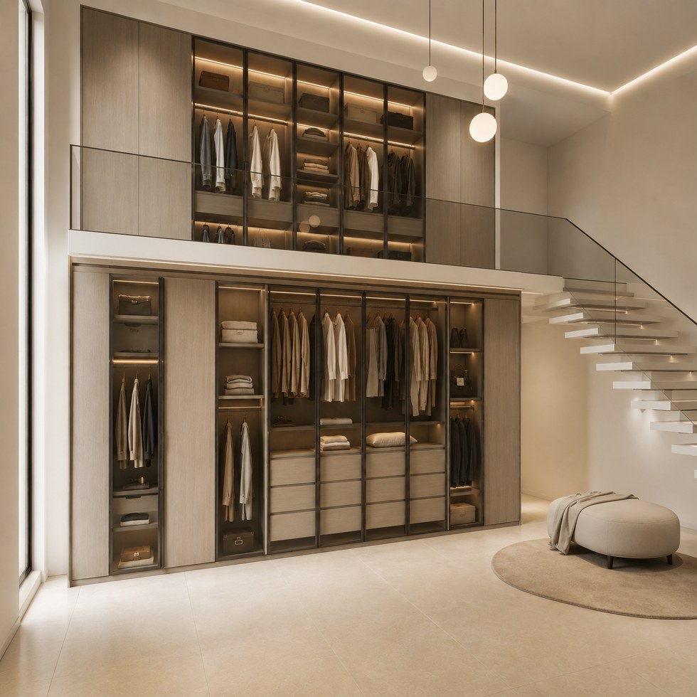 Double-Height Wood-Look Walk-In Closet Wardrobe with Glass Doors