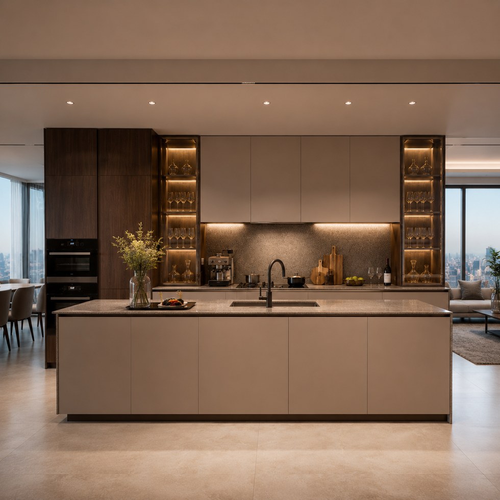 Modern Taupe Kitchen Cabinets With Island And Glass Display Shelving