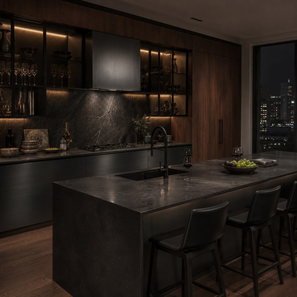Dark Wood Grain Kitchen Cabinets With Black Island and Glass Display Units