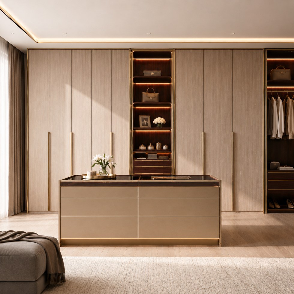 Light Wood Walk-In Closet with Display Tower and Island