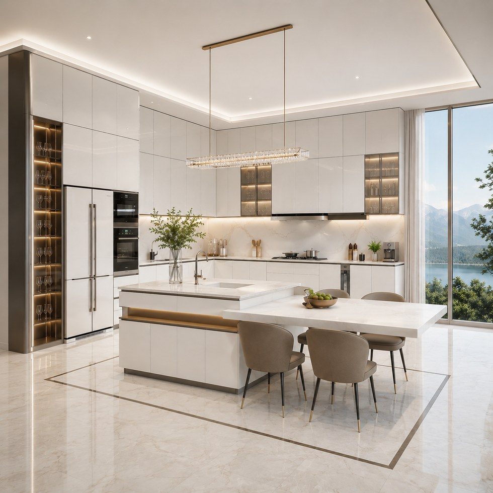 Modern White Glossy Kitchen Cabinets With Island and Glass Display Storage