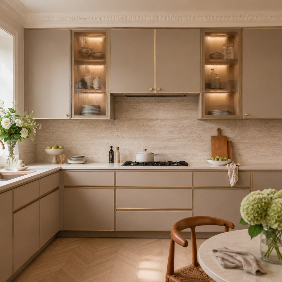 Warm Beige L-Shaped Kitchen Cabinets with Fluted Glass Display Doors