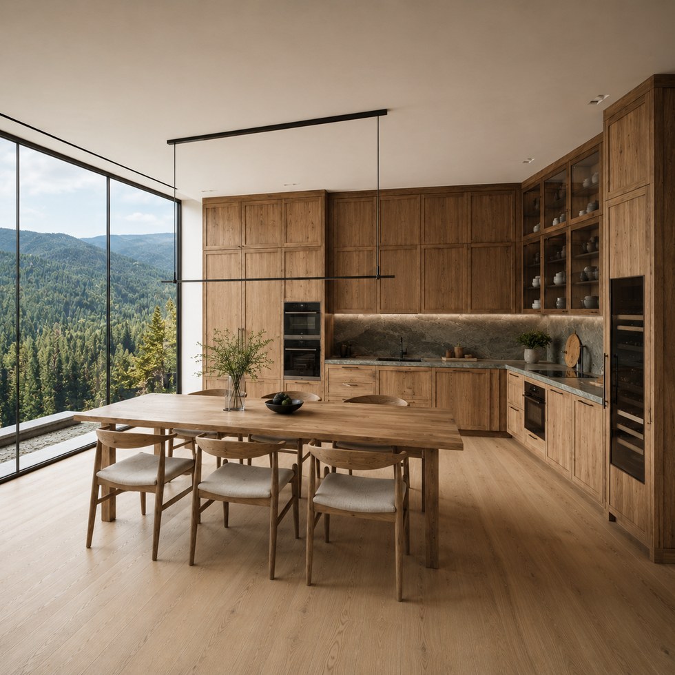 Natural Wood Grain Kitchen Cabinets with Glass Display Uppers and Tall Appliance Wall