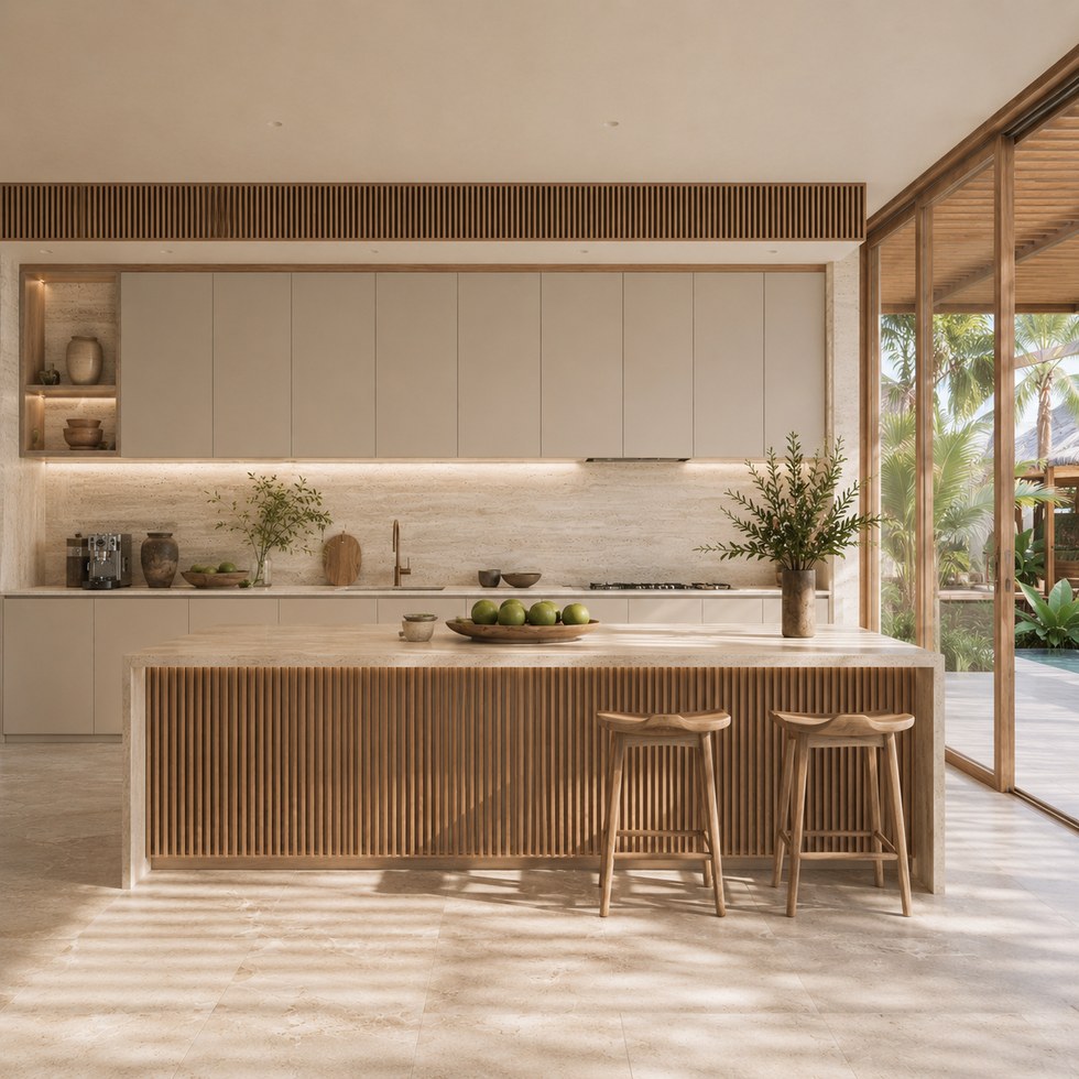 Warm Beige Resort Style Kitchen Cabinets with Slatted Island