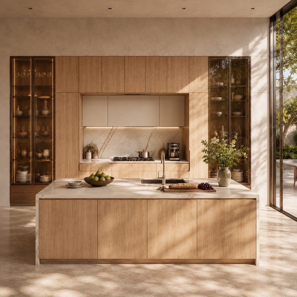 Warm Wood Grain Kitchen Cabinets With Glass Display Towers and Island