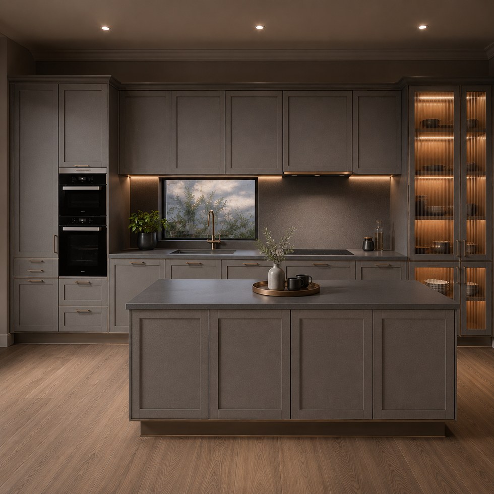Warm Gray Kitchen Cabinets with Island Display Towers