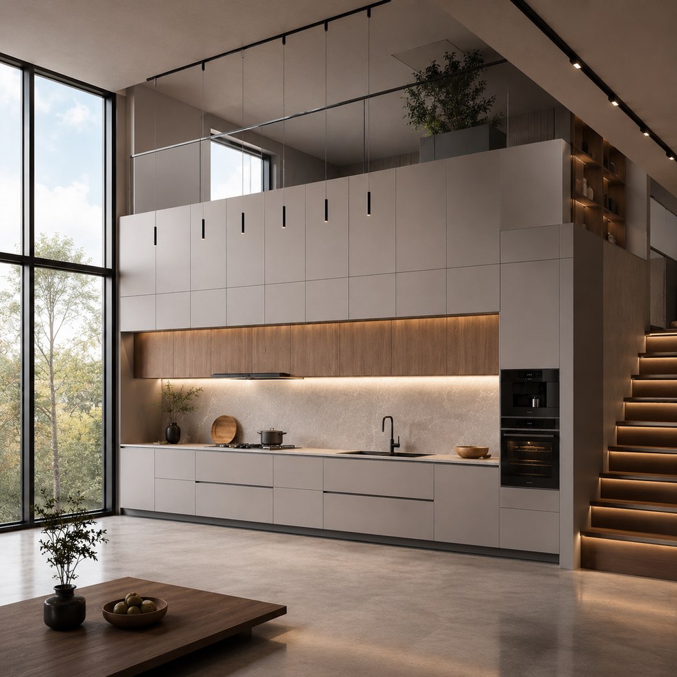 Modern Full-Height Kitchen Cabinets With Wood-Grain Accent Panels