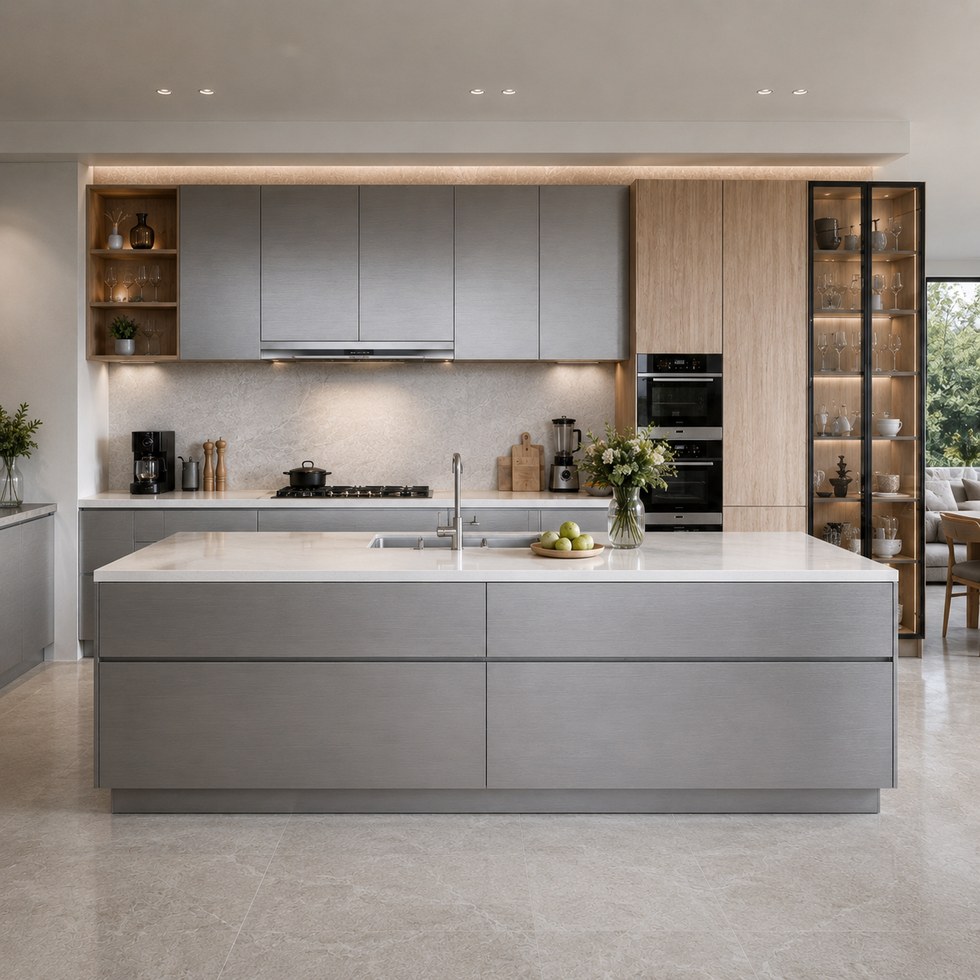 Modern Gray Flat-Panel Kitchen Cabinets With Island and Wood-Look Display Storage
