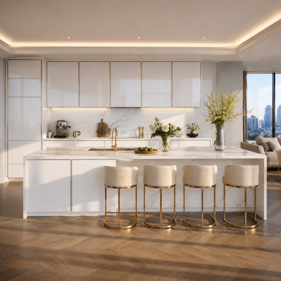 Glossy White Kitchen Cabinets with Marble-Look Waterfall Island