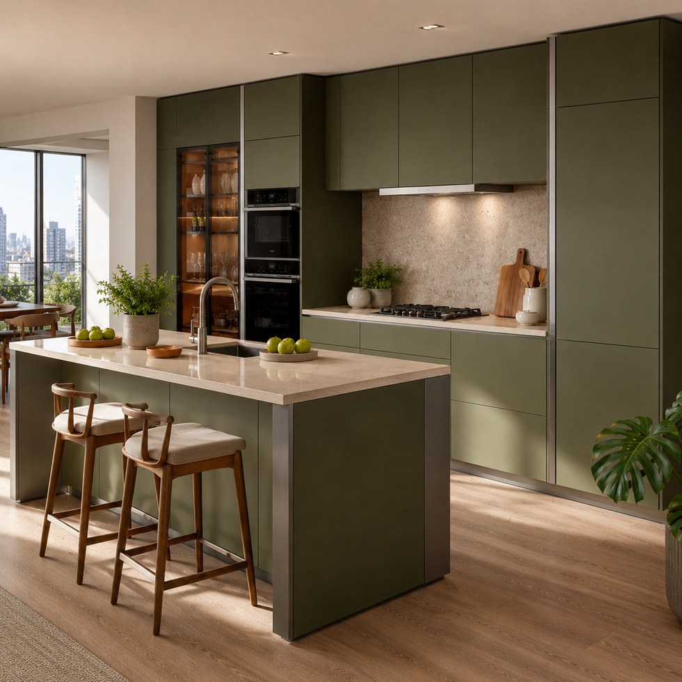 Olive Green Modern Kitchen Cabinets With Island and Glass Display Storage