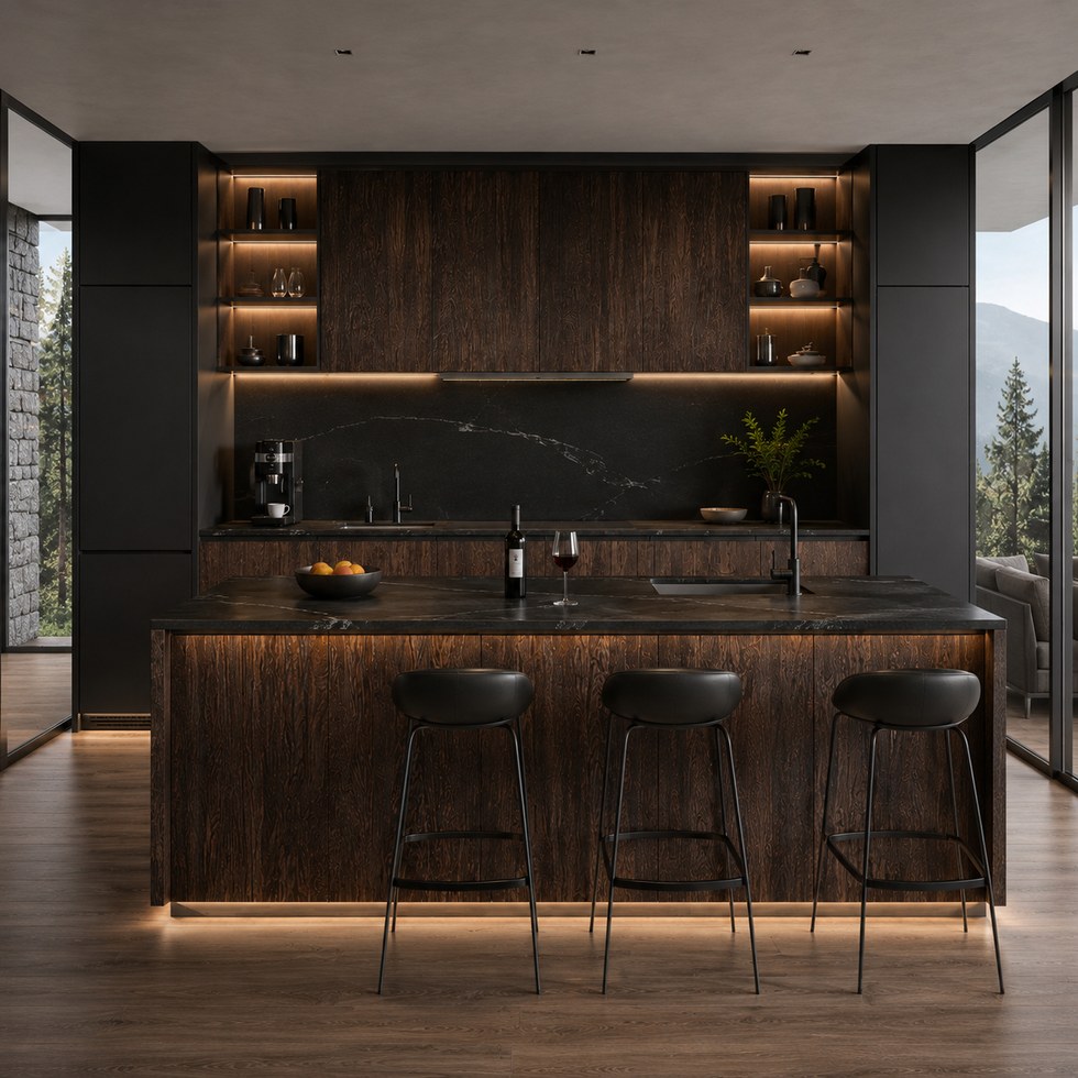 Dark Wood Look Modern Kitchen Cabinets With Island And Warm Open Shelf Lighting