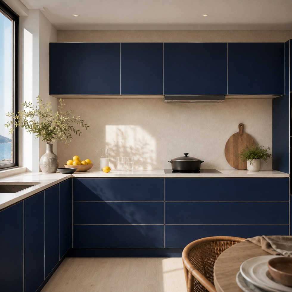 Deep Navy Blue Slab Door Kitchen Cabinets with White Countertop
