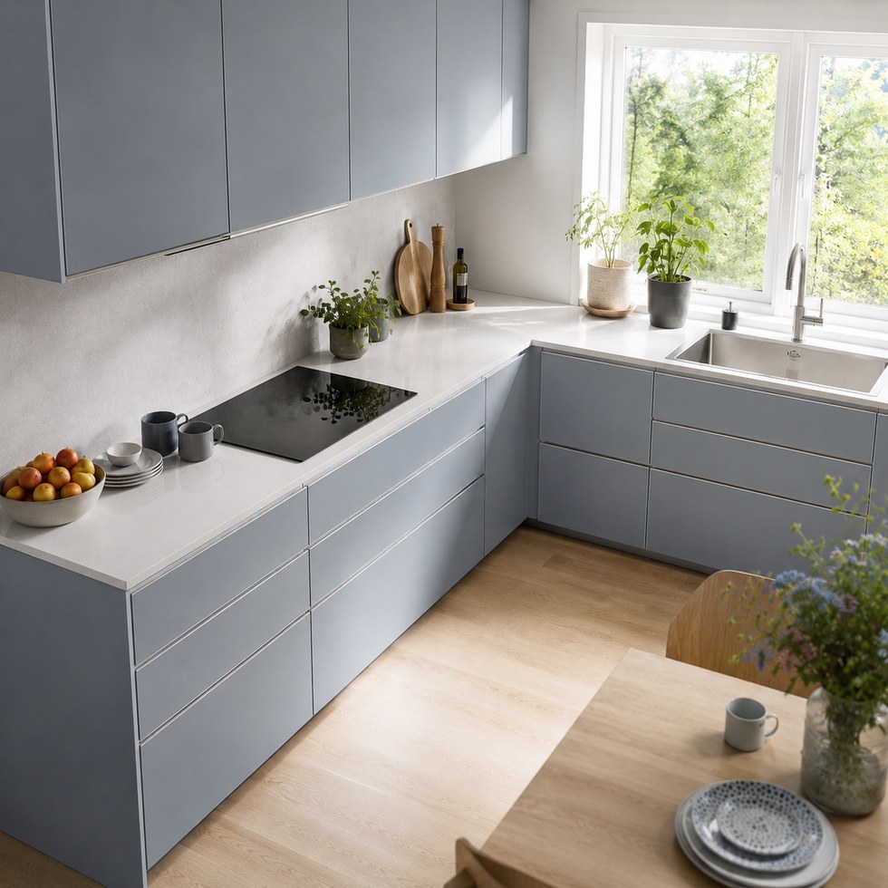 Light Blue Gray Flat Panel L Shaped Kitchen Cabinets