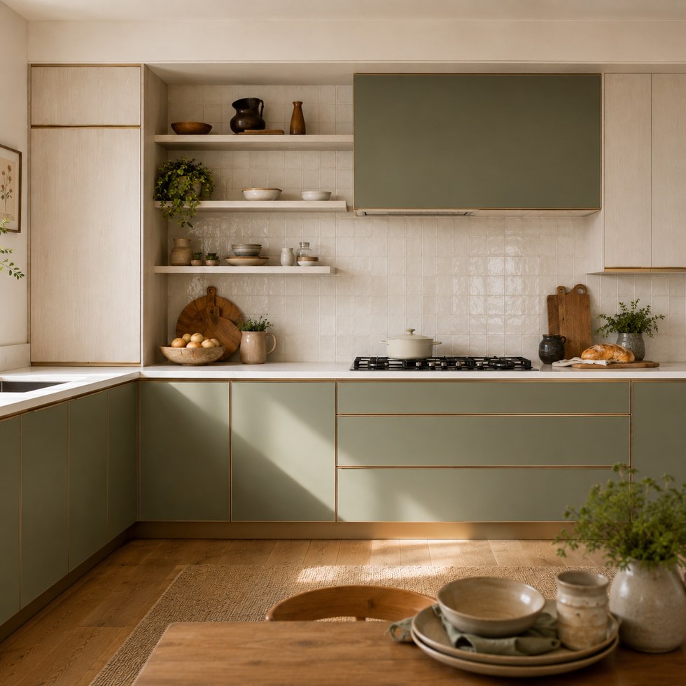 Sage Green Flat Panel Kitchen Cabinets with Light Wood Tone Tall Units