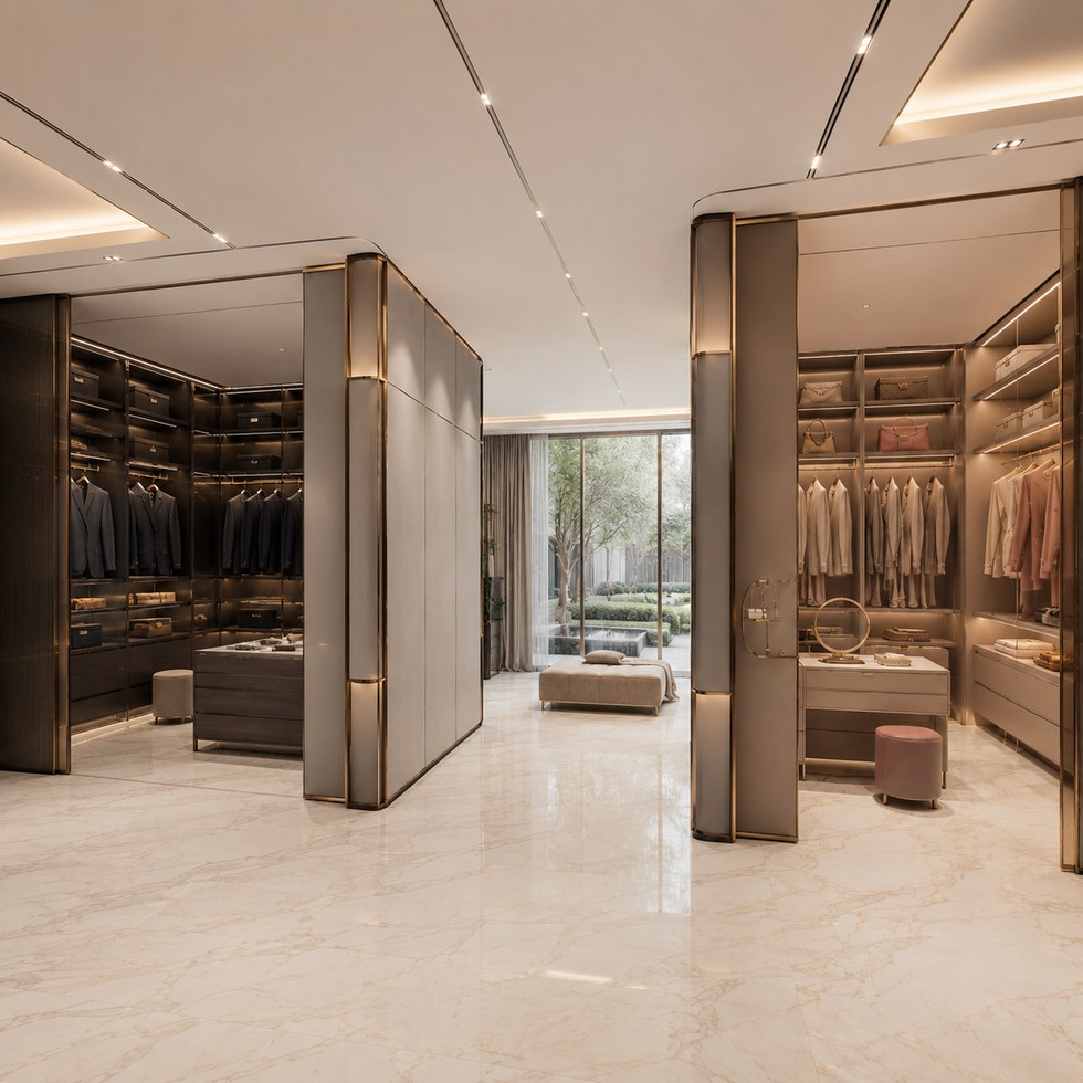 Luxury Walk-In Closet Wardrobe with Glass Display Panels and Warm Lighting