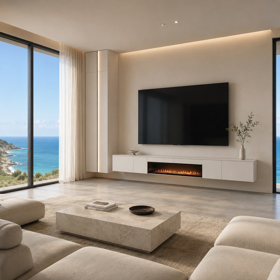 Modern White Floating TV Cabinet with Linear Fireplace Feature