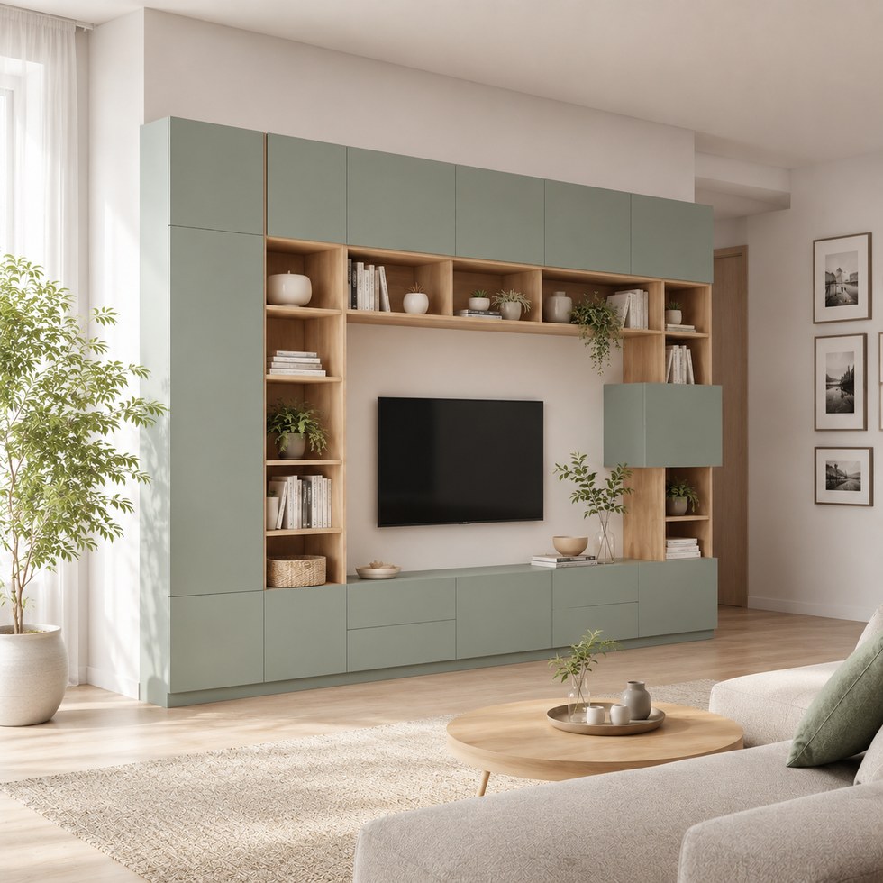 Sage Green and Wood Tone Built-In TV Cabinet with Open Shelving