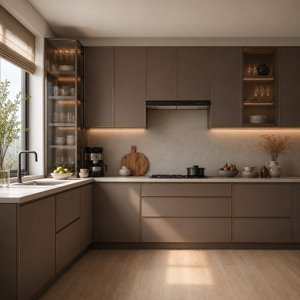 Warm Taupe Modern Kitchen Cabinets with Glass Display Units
