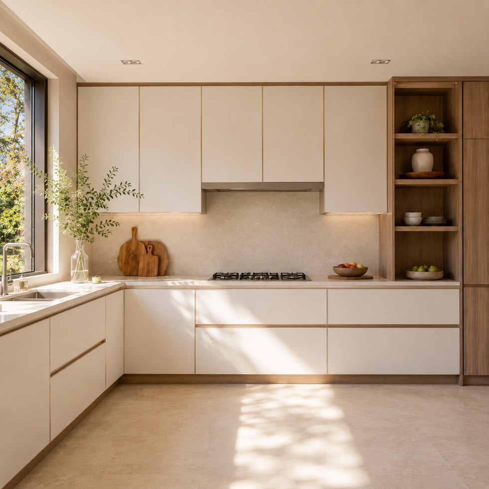 Warm Neutral Kitchen Cabinets With Wood Look Tall Storage