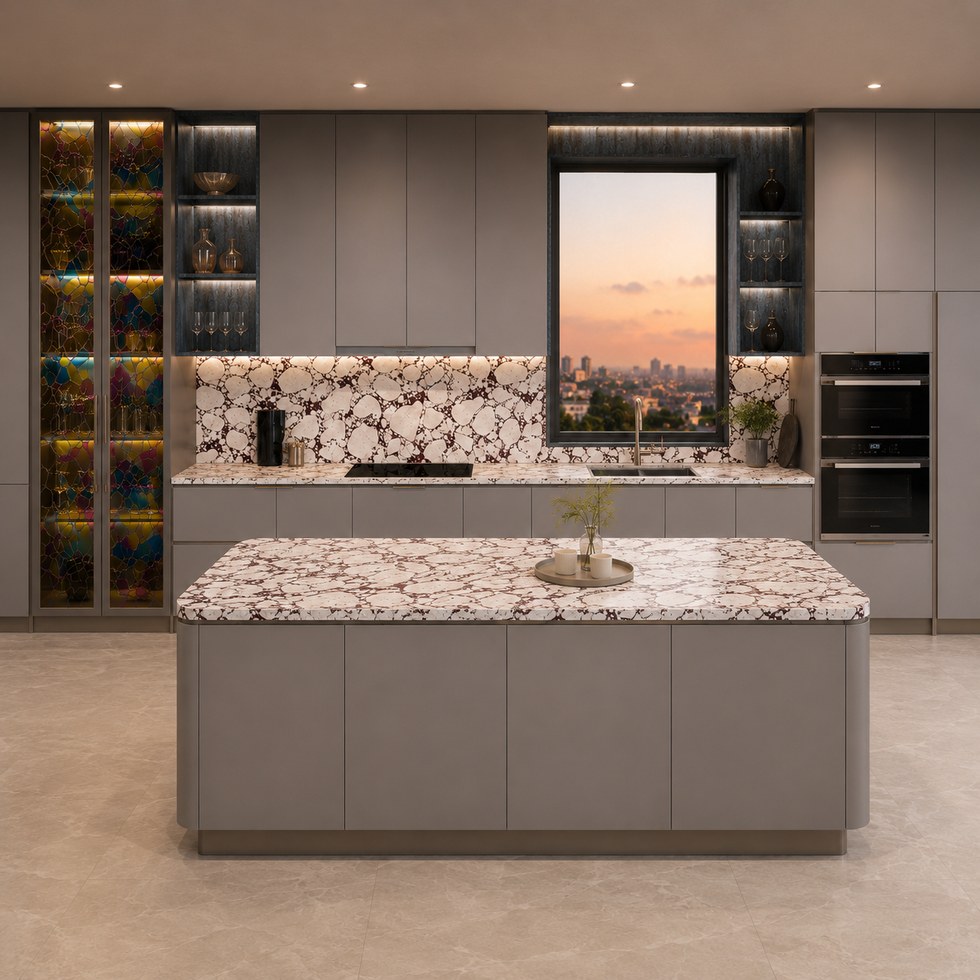 Kitchen Cabinets with Patterned Stone Island and Glass Displays