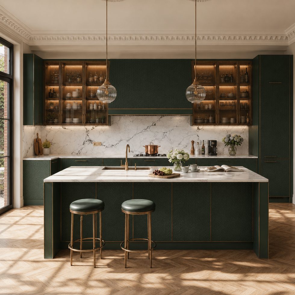 Dark Green Kitchen Cabinets With Island and Glass Display Storage