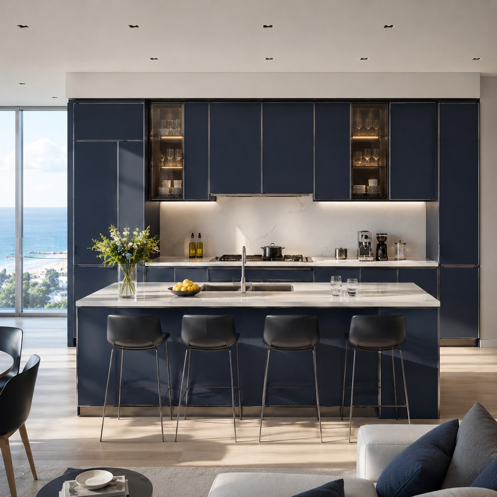 Modern Navy Blue Kitchen Cabinets With Island And Glass Display Units