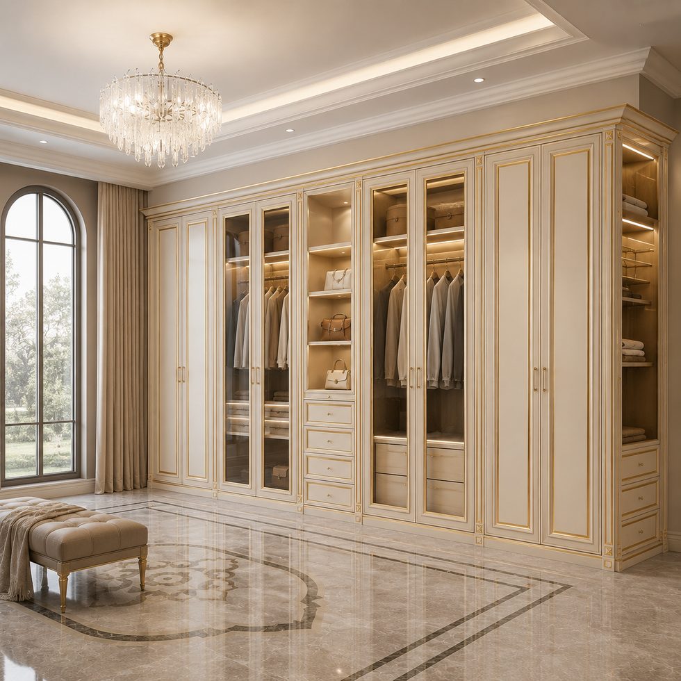 Ivory Walk-In Closet Wardrobe with Glass Doors and Gold-Tone Trim