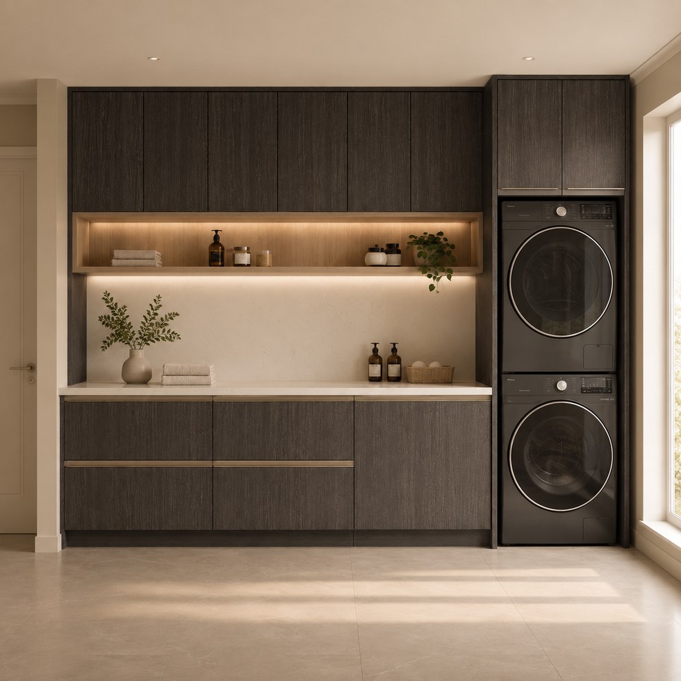 Dark Wood-Look Laundry Room Cabinets with Stacked Appliances