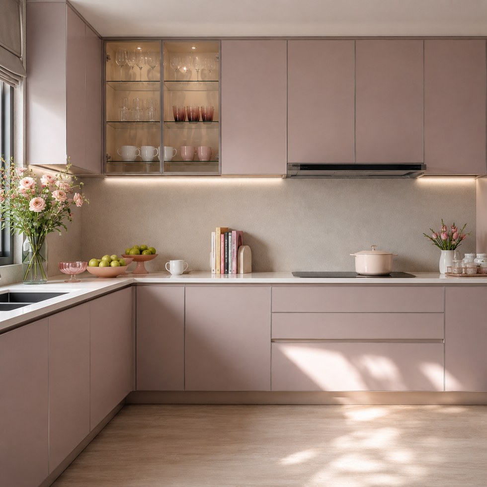 Blush Pink L-Shaped Handleless Kitchen Cabinets with Glass Display
