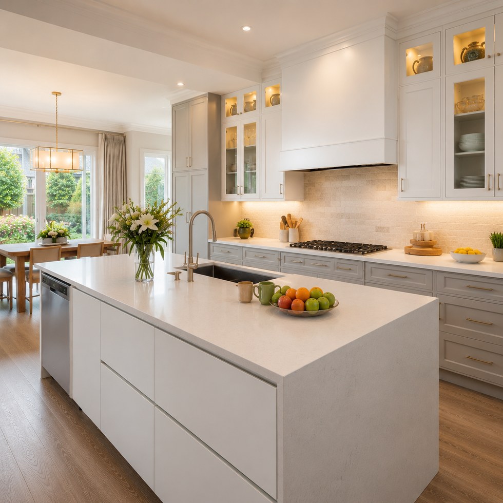 Bright White Shaker Kitchen Cabinets With Glass Display Uppers and Island Layout
