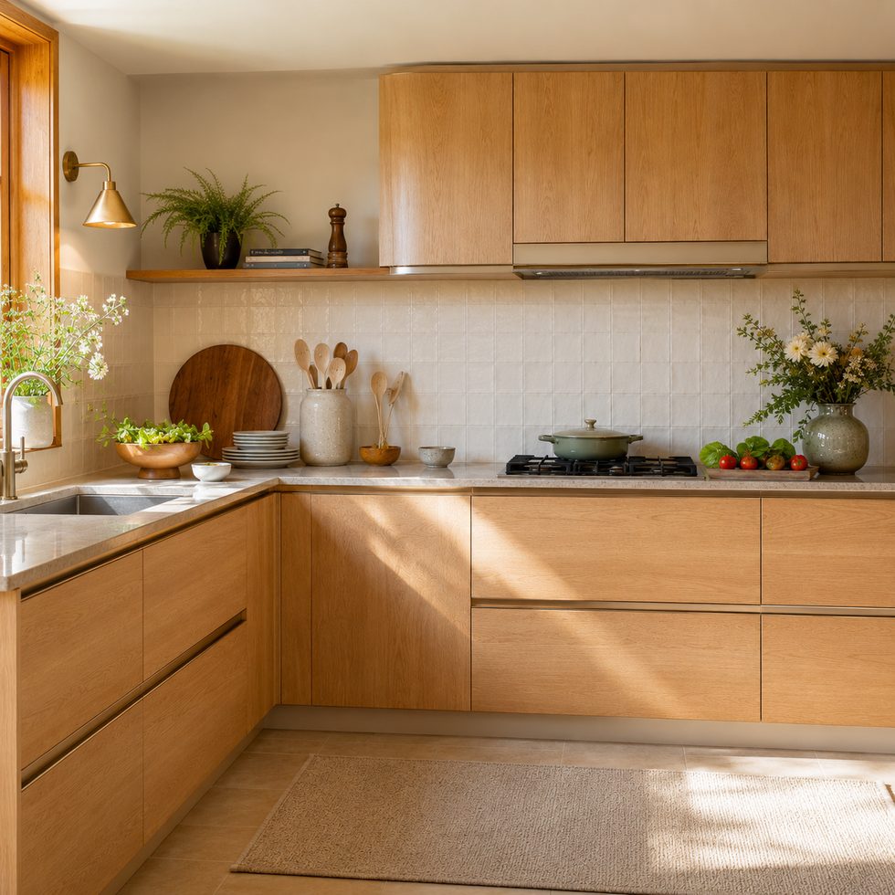 Warm Wood Grain Handleless L Shaped Kitchen Cabinets with Peninsula