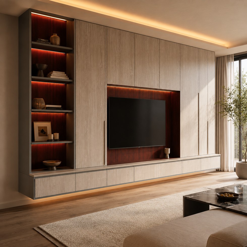 Light Wood TV Cabinet with Display Shelves and Floating Console