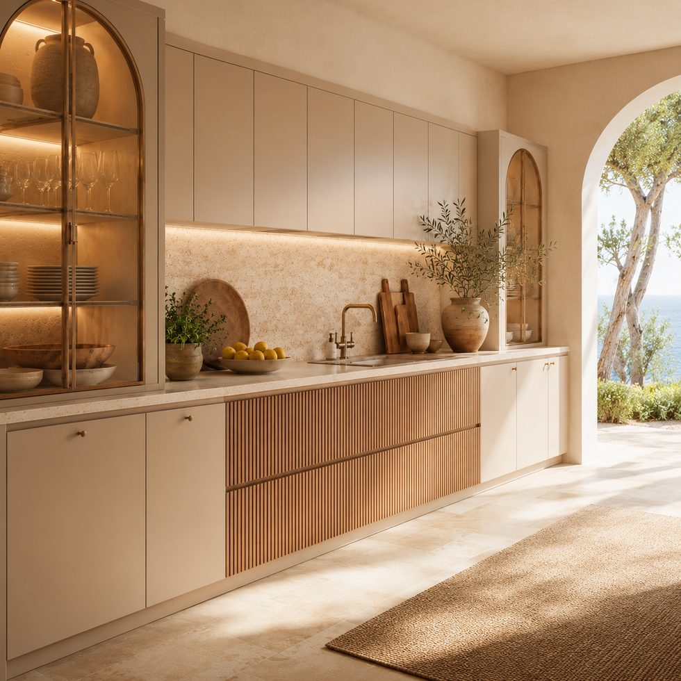 Warm Beige Kitchen Cabinets With Arched Glass Display Towers