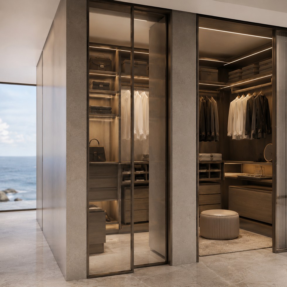 Ocean View Walk-In Closet Wardrobe with Smoked Glass Doors and Warm LED Shelving