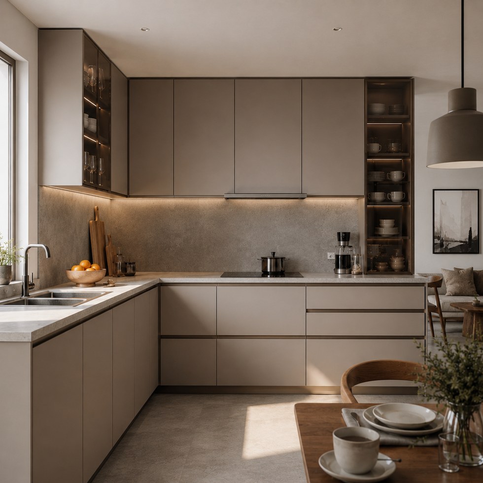 Warm Taupe L-Shaped Kitchen Cabinets With Smoked Glass Display Units