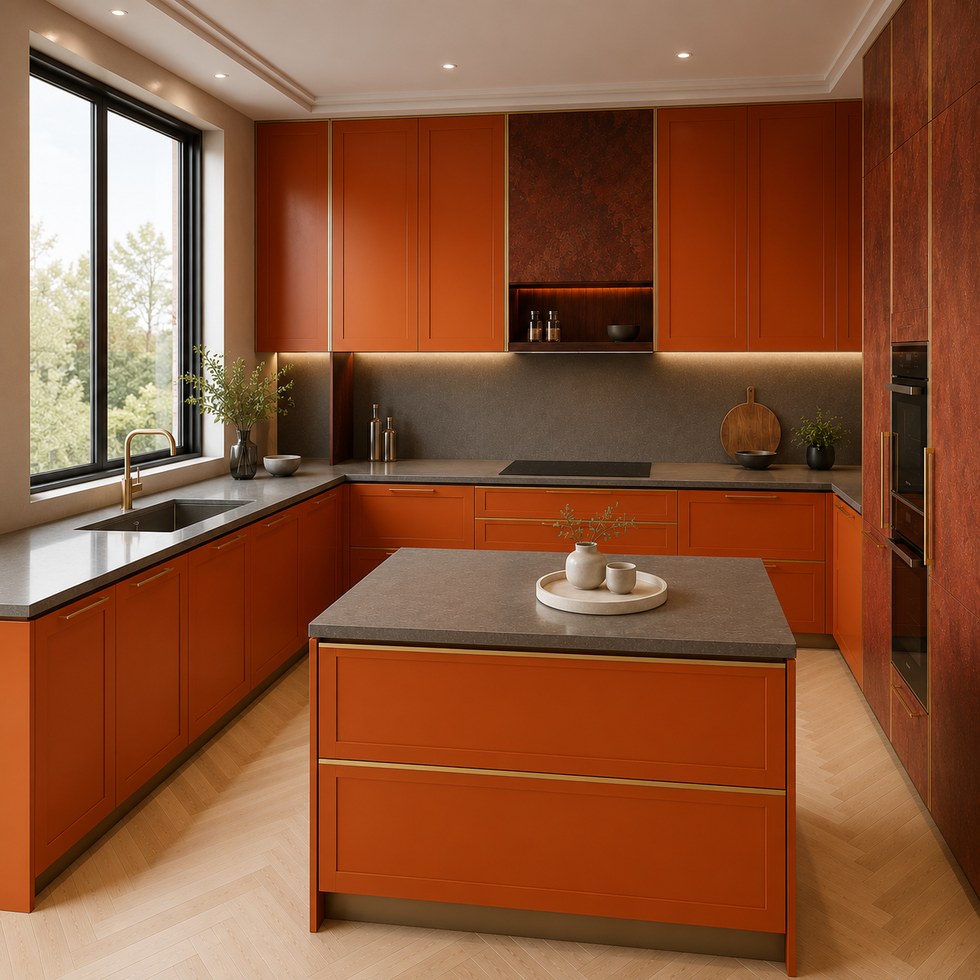 Burnt Orange U-Shaped Kitchen Cabinets with Island