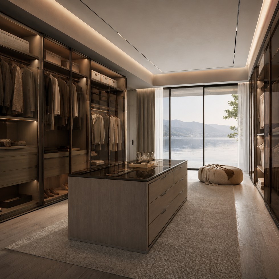 Luxury Walk-In Closet Wardrobe with Glass Display and Island Drawers