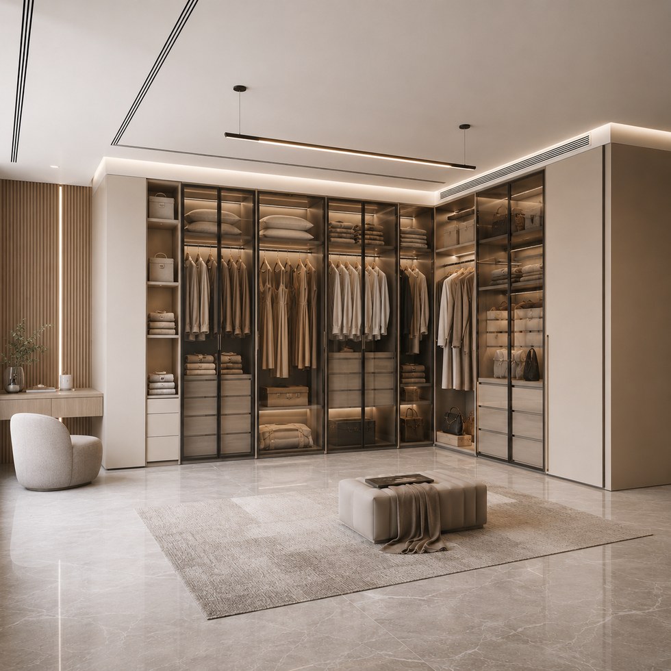 Warm Beige Glass Door Walk-In Closet Wardrobe with LED Lighting