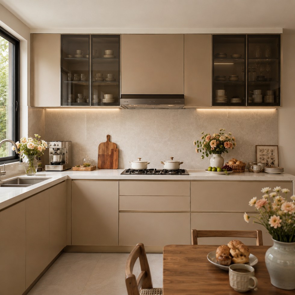 Warm Beige Handleless Kitchen Cabinets With Smoked Glass Wall Cabinets