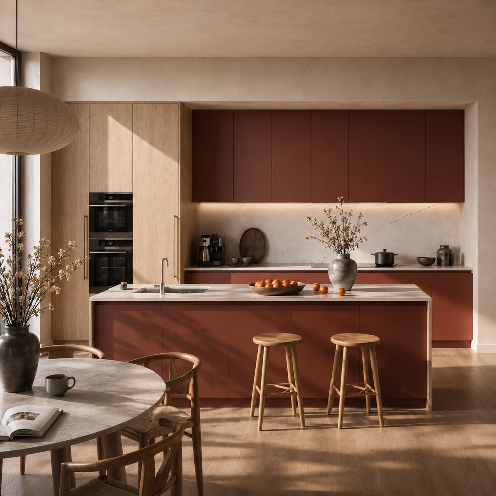 Modern Terracotta And Light Wood Kitchen Cabinets With Island